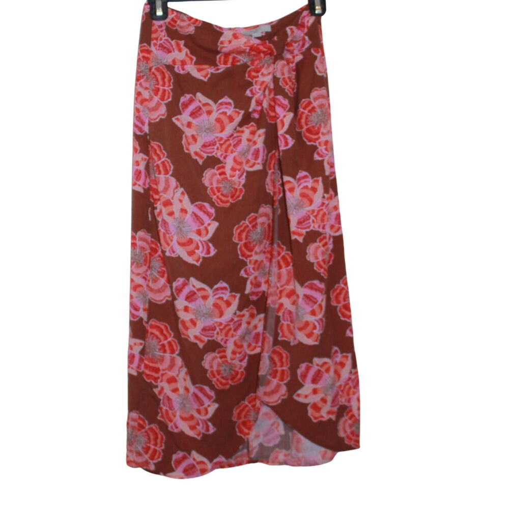 LOFT Petites Brown Pink Floral Wrap Midi Skirt 00P